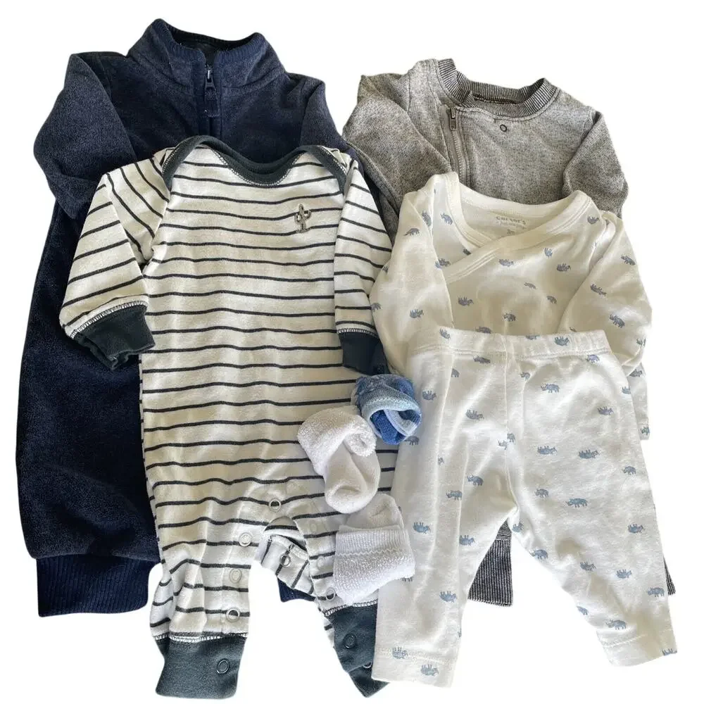 3m Onesie Lot Baby Boys Carter's Cat & Jack Sleeper Blue Grey Preowned Casual